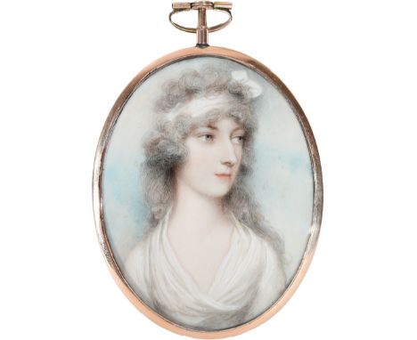 λAndrew Plimer (1763-1837) Portrait miniature of a lady wearing a white dress and a bandeau in her powdered hair Oval, in a g