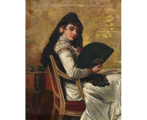 Edward Charles Barnes (c.1830-1890) Portrait of a lady wearing a white dress and black headdress, seated in an interior holdi