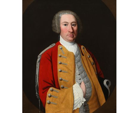 Circle of Jeremiah Theus Portrait of an officer, half-length, wearing uniform and with powdered hair en queue, in a painted o