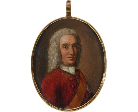 English School c.1700 Portrait miniature of a gentleman, wearing a red coat and brown sash, and with powdered wig On copper, 