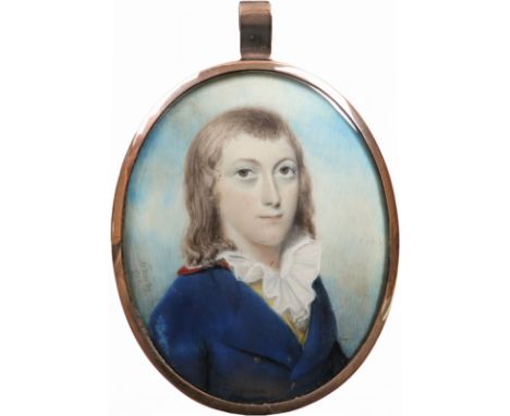 λThomas Le Hardy (act. 1794-1802) Portrait miniature of a young man wearing a blue coat and yellow waistcoat Signed and dated