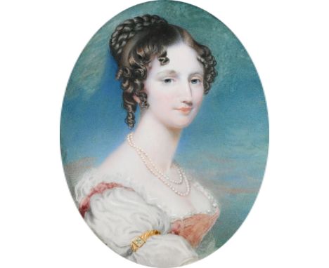 λAndrew Robertson (1777-1845) Portrait miniature of a lady, wearing a white dress and pearl necklace Oval, in a rectangular e