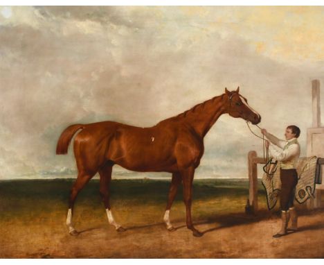 Abraham Cooper RA (1787-1868) Portrait of 'Wouvermans', a bay racehorse, held by a groom in a landscape Signed with monogram 
