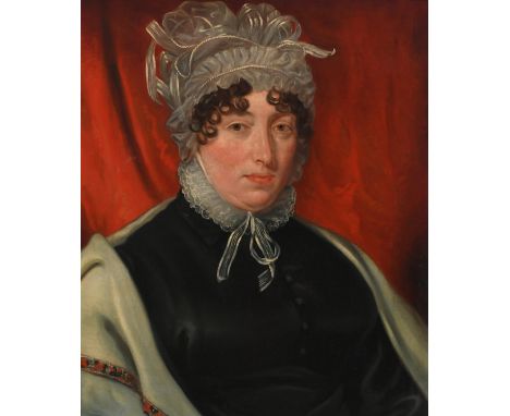 English School Early 19th Century Portrait of lady, half-length, wearing a black dress, white shawl and bonnet Oil on canvas 