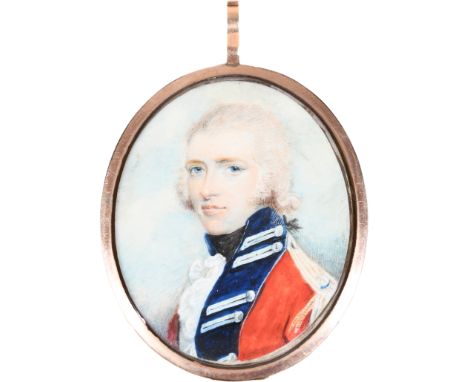 λEnglish School Late 18th Century Portrait miniature of an officer in uniform Oval, in a gilt metal frame with hair back 58 x