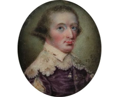 λEnglish School 1765 Portrait miniature of a gentleman wearing purple Vandyke dress Signed with initials and dated SS/1765 (c