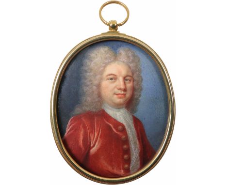 λCircle of Benjamin Arlaud Portrait miniature of a gentleman wearing a red coat and long wig Oval, in a gilt metal frame 57 x