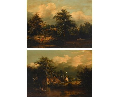 Edward Williams (1782-1855) Landscape with travellers on a path by a lake, a cottage beyond; Landscape with fishermen on a la