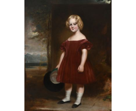 Sir Daniel Macnee FRSE, PRSA (Scottish 1806-1882) Portrait of a young boy, full-length, in a burgundy dress, standing in a la