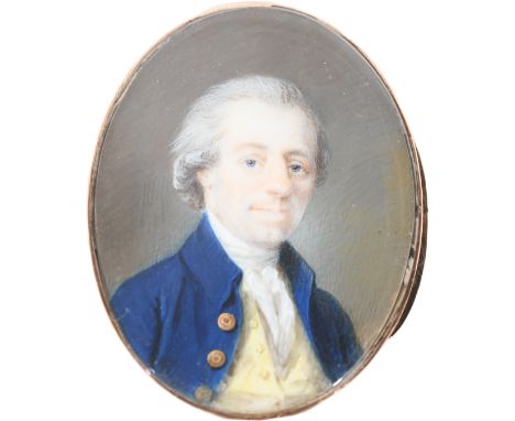 λEnglish School Late 18th Century Portrait miniature of a gentleman, wearing a blue coat and yellow waistcoat, and with powde