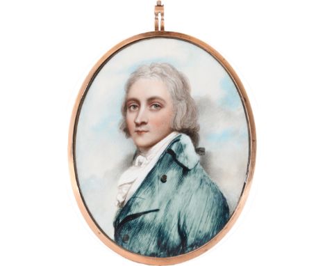 λAndrew Plimer (1763-1837) Portrait miniature of a gentleman wearing a blue coat, with powdered hair tied with a black ribbon