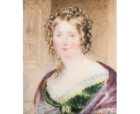 λJames Holmes (1777-1860) Portrait miniature of a lady, wearing a green dress and purple shawl Signed and dated J HOLMES/1821