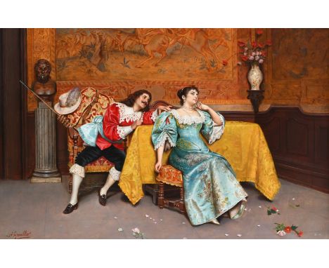 A. Granello (19th Century) The courting cavalier Signed A.Granello (lower right) Oil on panel 31.6 x 48cm; 12½ x 19in Provena