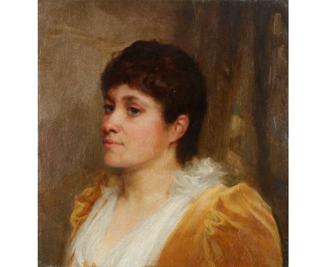 Continental School Late 19th Century Portrait of a lady, bust-length, in a yellow dress Oil on canvas laid on board 48.7 x 46