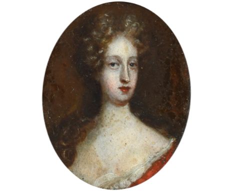 English School Late 17th Century Portrait miniature of a lady wearing a red dress On copper, oval, in a gilt painted wooden f