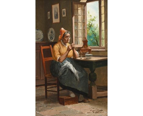 Simonin Gerard (19th Century) Woman sewing by a window Signed S Gerard (lower right) Oil on panel 36.2 x 23.7cm; 14¼ x 9¼in