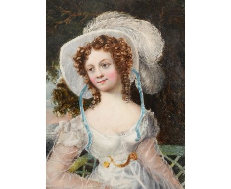 λWilliam Mineard Bennett (c.1778-1858) Portrait miniature of Henrietta, Countess Cathcart, wearing a white dress and feathere