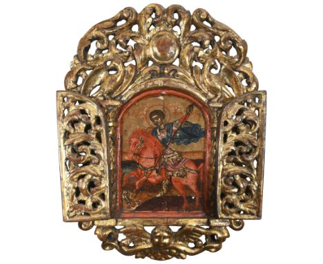 Greek Ionian Islands School Tabernacle icon of St Demetrius and the gladiator LyaeusTempera on panel, within a carved painted