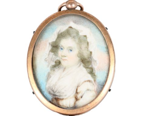 λCircle of Henry Jacob Burch Portrait miniature of a lady wearing a white dress and headscarf Oval, in a gilt metal frame 45 