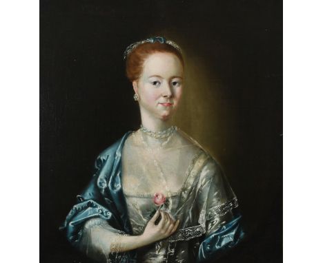 English School 18th Century Portrait of a lady, half-length, wearing a blue and grey silk dress, pearl necklace and holding a
