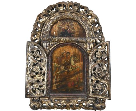 Greek Ionian Islands SchoolTabernacle icon of St George and the dragon, below an upper section depicting ChristTempera on pan