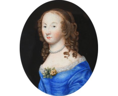 λManner of John Hoskins Portrait miniature of a lady, traditionally identified as Lady Dorchester, wearing a blue dress and p