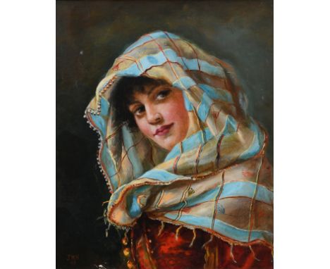 English School 1898 Portrait of an Italian beauty wearing a headscarf Signed with initials and dated J.W.H/'98 (lower left) O