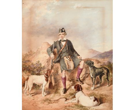 Irish School 19th Century Portrait of William Cusack-Smith, 4th Bt., seated in a landscape with his dogs Ruby, Snipe and Sam 