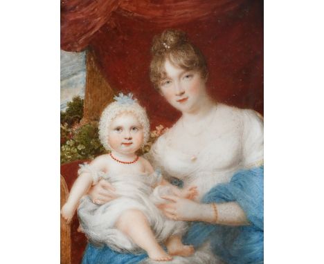 λSamuel Shelley (1750/56-1808) Portrait miniature of Mrs Harper and a child, seated in front of a red curtain Rectangular, in