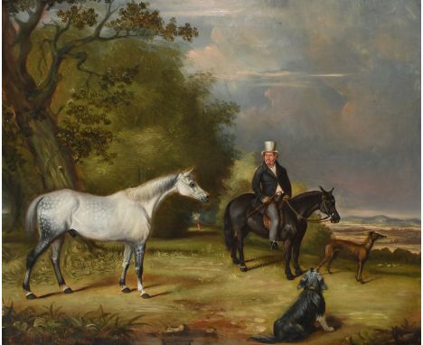 English School 19th Century Portrait of a gentleman on a black horse, together with a grey hunter, and two dogs in a landscap