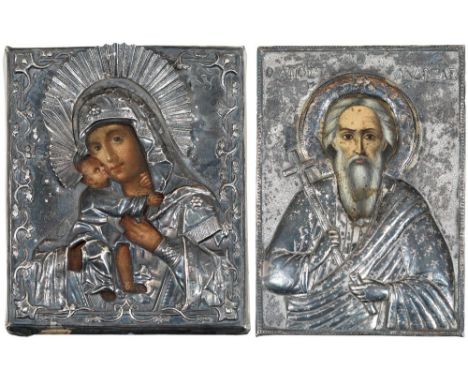 Greek School Icon of the Madonna and Child; Icon of an apostle, probably St Andrew Two, both tempera on panel with white meta