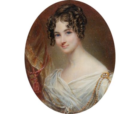 λEnglish School c.1835 Portrait miniature of Lady Maria Theresa Lister (née Lewis), wearing a white dress, her hair in ringle