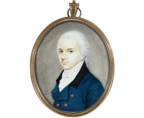 λEnglish School 1799 Portrait miniature of a gentleman, wearing a blue coat with gold buttons, and with powdered hair Signed 