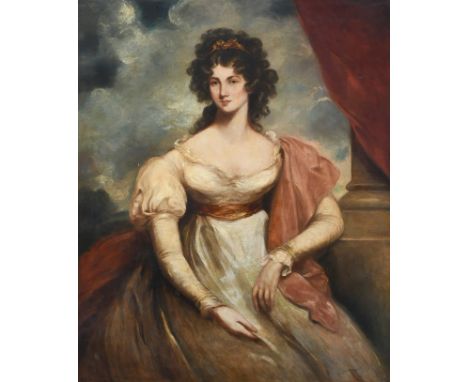 Circle of George Henry Harlow Portrait of a lady, three-quarter length, wearing a white dress and red shawl, sitting by a col