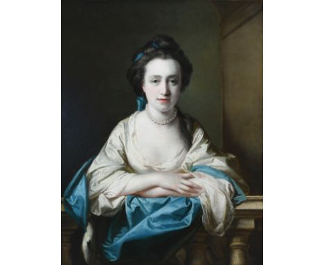 Francis Cotes RA (1726-1770) Portrait of Mary Parker (née Watson), half-length, wearing a white dress, blue shawl and pearl n