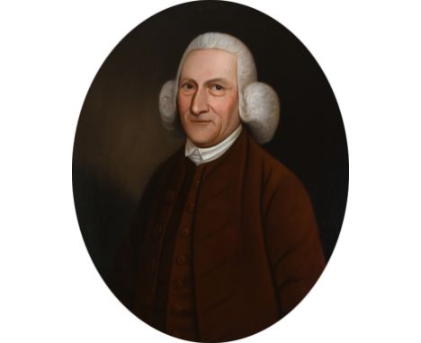 English School 18th Century Portrait of a gentleman, half-length, wearing a brown coat and waistcoat and powdered wig Oil on 