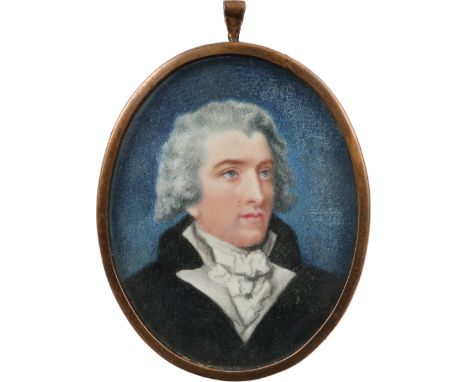 λEnglish School Late 18th Century Portrait miniature of a gentleman wearing a black coat and with powdered hair Oval, in a gi