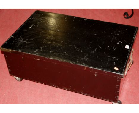 A black painted pine hinge top tool chest 