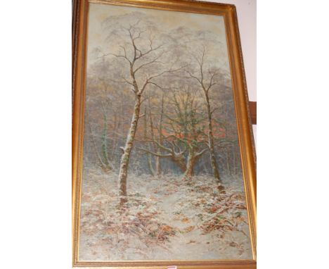 Alfred Townsend - A winter woodland at sunset, oil on canvas, signed lower left (with some patch repairs and losses), 107x60c