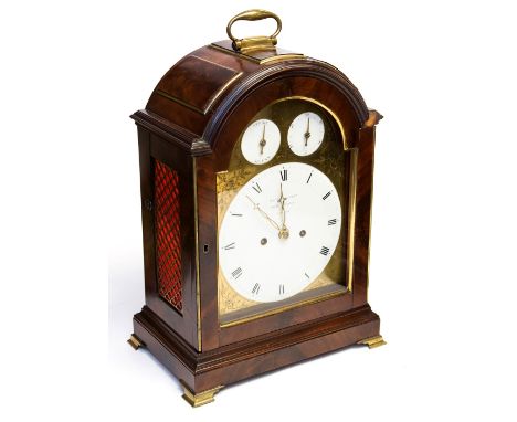 A George III flame mahogany bracket clock, the dial signed Ellicott & Co, Royal Exchange, London, arched and raised panelled 