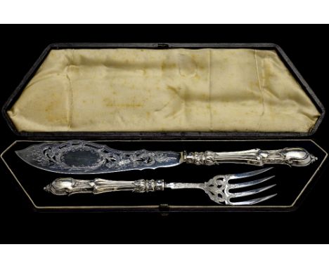 A Victorian silver cased fish set, comprising serving fork and knife each with pierced and chased floral and foliate decorati