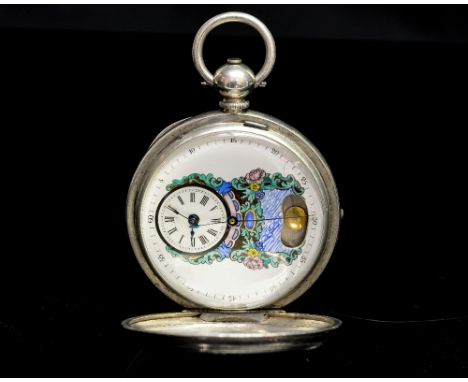 A Pateck of Geneve full hunter pocket watch, circa 1900, bright cut white metal casework, enamel dial with decorative Rococo 