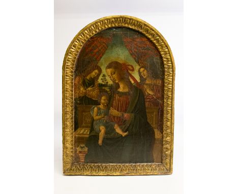 Manner of Perugino, Madonna and child flanked by saints, patterned curtain and Tuscan/Umbrian landscape beyond, eagle and dra