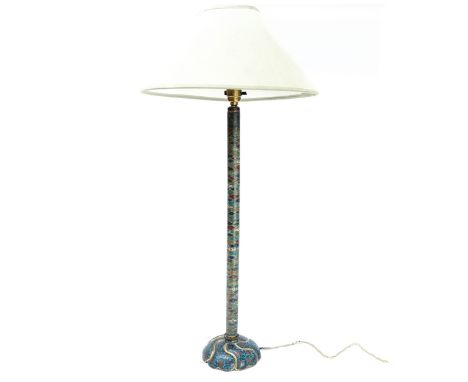 An oriental cloisonne table lamp base, elongated shaft, shaped circular plinth florally decorated on a blue ground, height 58