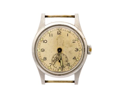A WWII Army Time Piece steel wristwatch head, 2.5cm circular illuminous champagne dial with subsidiary seconds dial at 6 o'cl