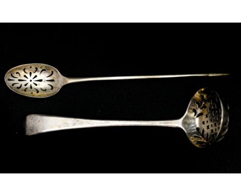 An eighteenth century mote spoon with pierced scroll decoration to the bowl and tapering stem, marked with "W.F", circa 1740,