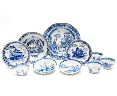 A collection of Chinese blue and white porcelain export ware including tea bowls a saucers and a soup plate, variously decora