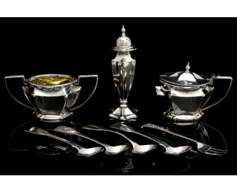 A George V three piece silver cruet set, with blue glass liners, sponsor's mark D Bros, Birmingham 1920, together with a pair