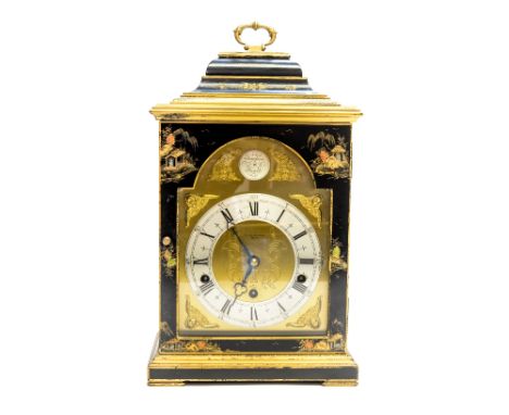 An Elliott bracket clock of 18th Century design, circa 1950's, black lacquer case with chinoiserie decoration of pagodas and 