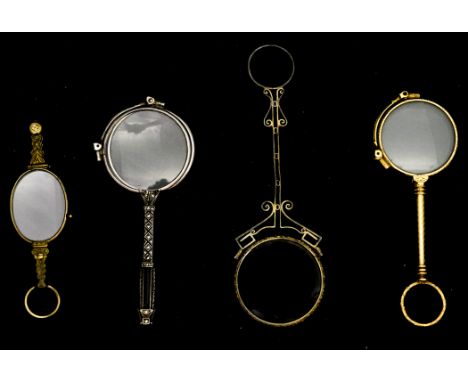 A collection of four lorgnettes to include a yellow metal engine turned example and a marquisette white metal example (4)